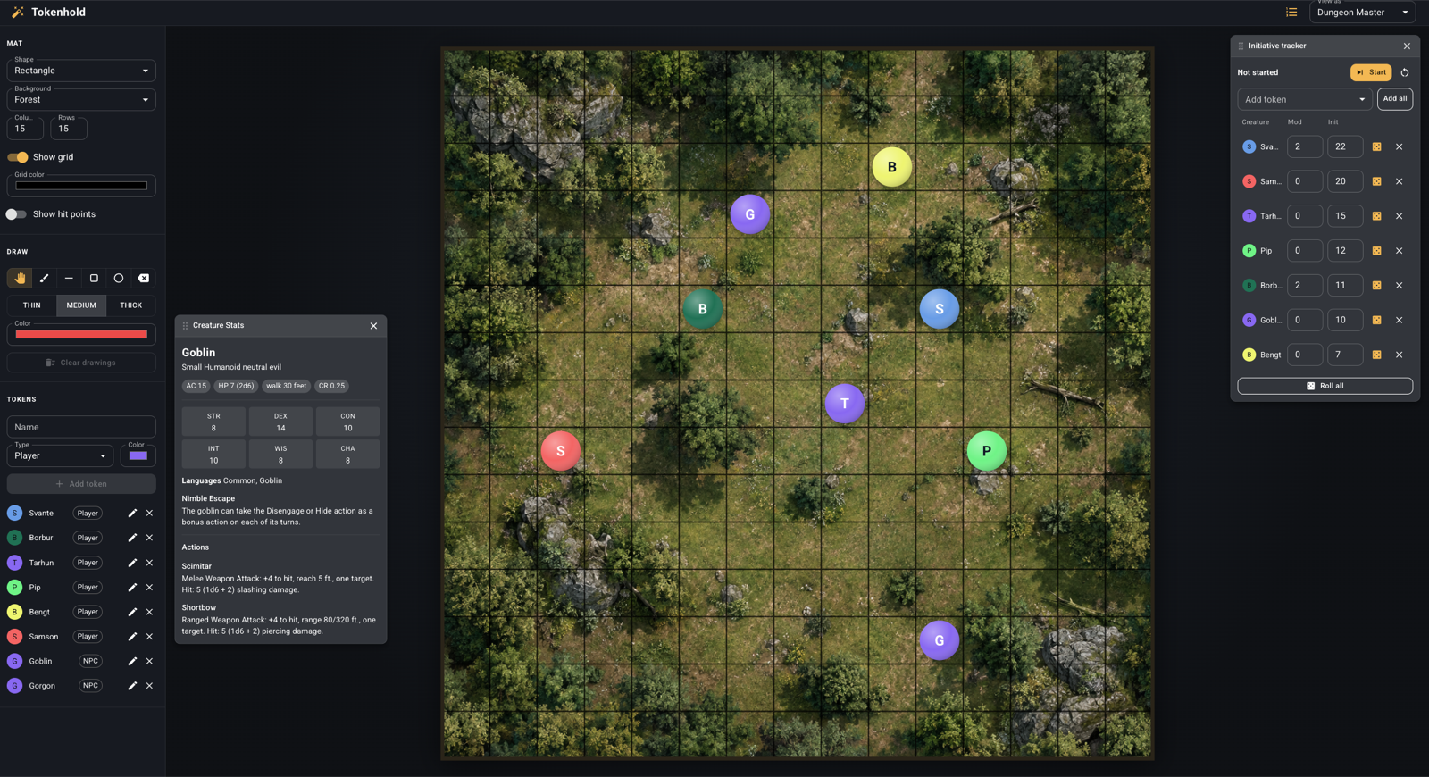 The Tokenhold battle mat with tokens on a grid and the DM sidebar open