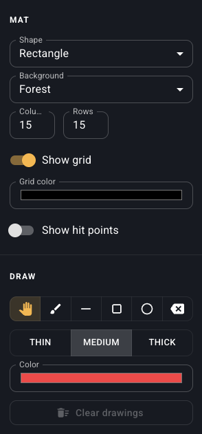 The DM sidebar with mat, drawing and token controls